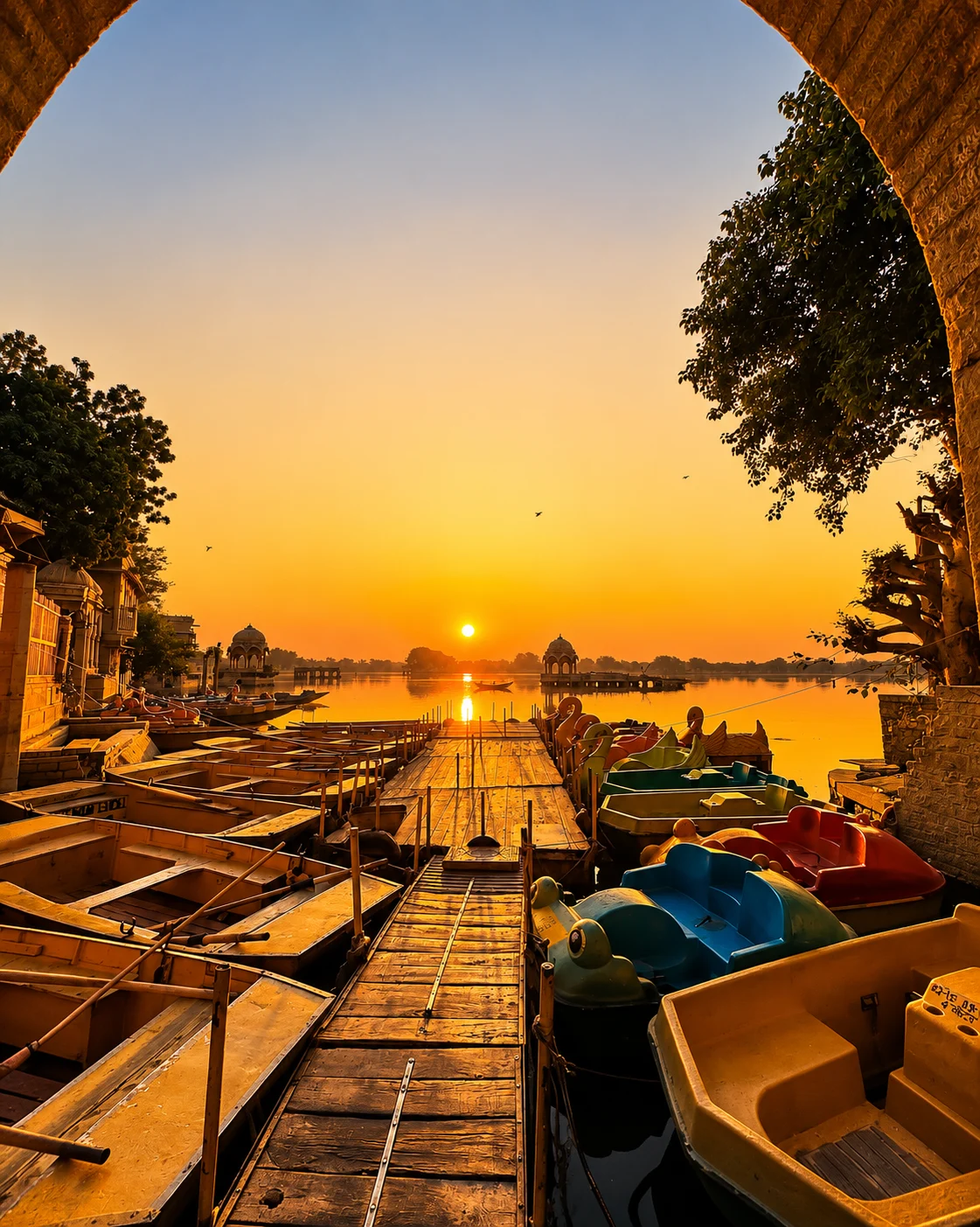 Sunset over Gadisar Lake and its moored boats