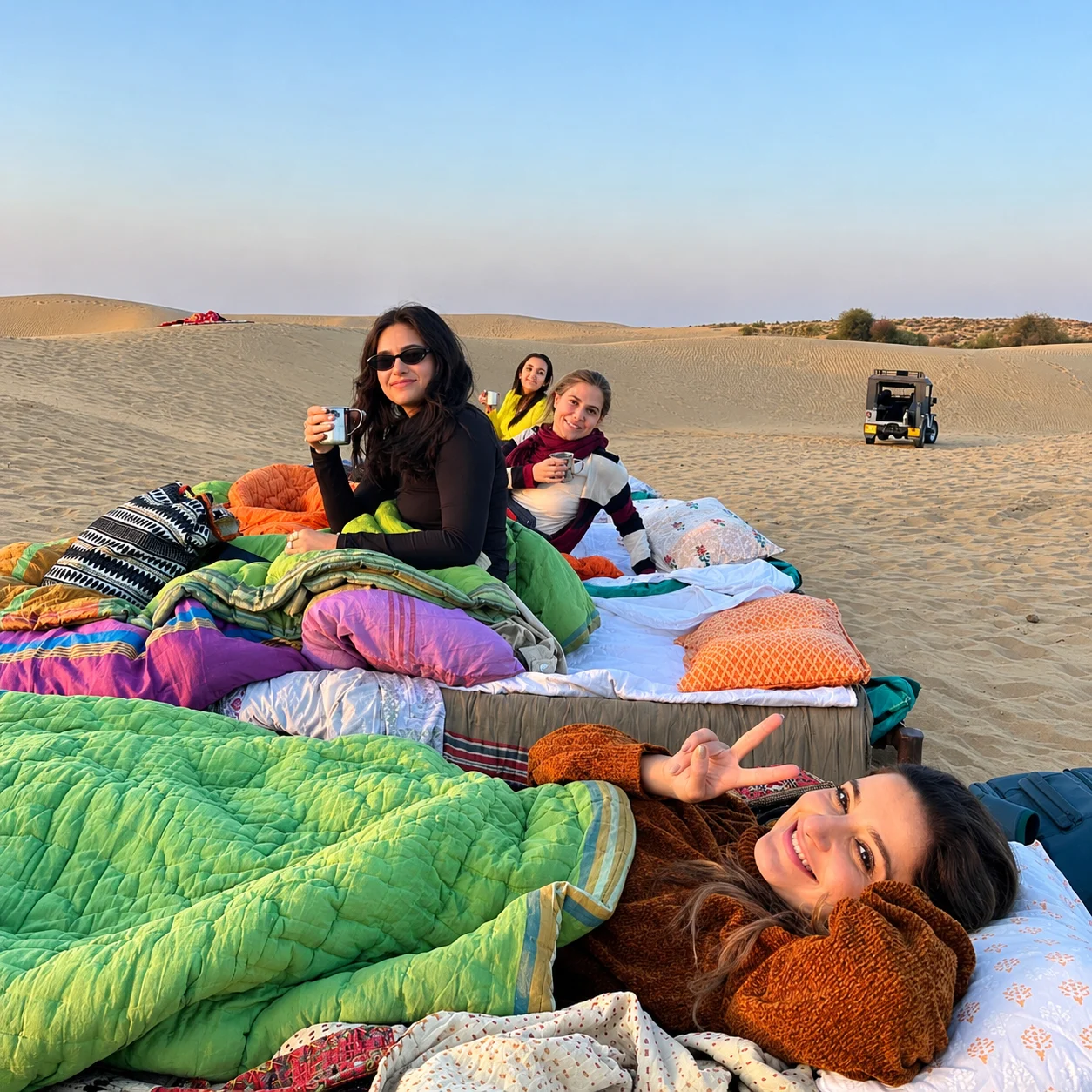 Travelers relaxing on colourful bedding in the desert